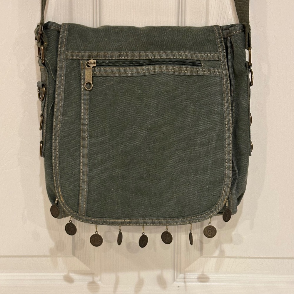 Olive Green Canvas Messenger Bag with Coin Fringe Crossbody Boho Utility